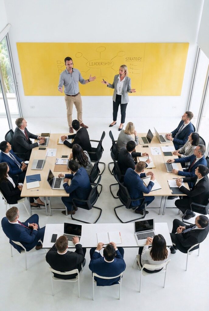 Services business, meeting, leadership, office, strategy, team, presentation, corporate, professional, workshop, seminar, collaboration, planning, group, management, brainstroming, board, suits, coworkers, executive, ai generated